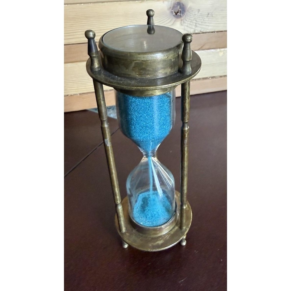 Vintage Brass 5-Minute Hourglass Sand Timer with Compass & Royal Clock Co 6"